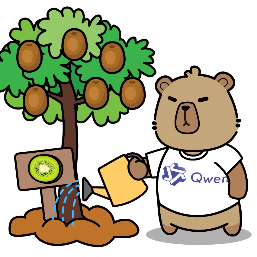 Qwen's capybara mascot watering a kiwi tree